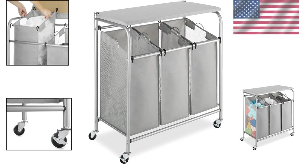 3 Section Rolling Laundry Sorter with Ironing Board