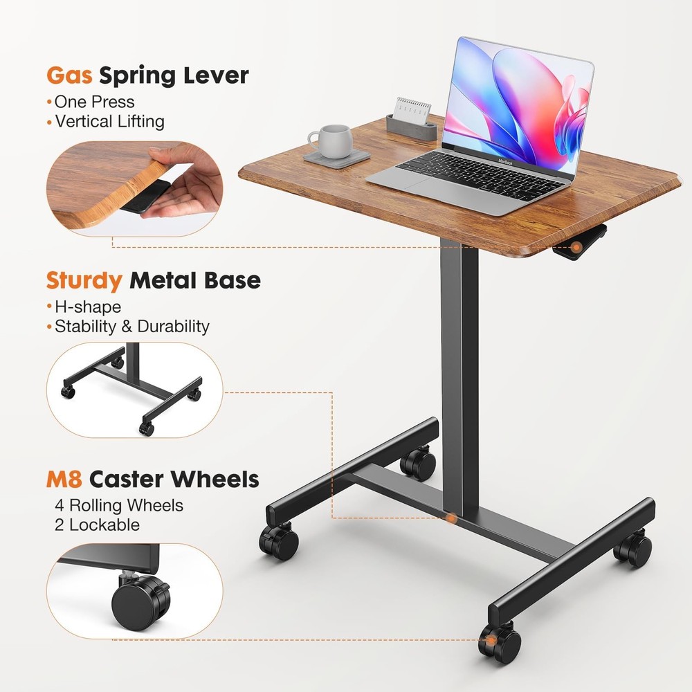 Adjustable Rolling Desk Stand, Lockable, Compact, Height-Modifiable (Brown)