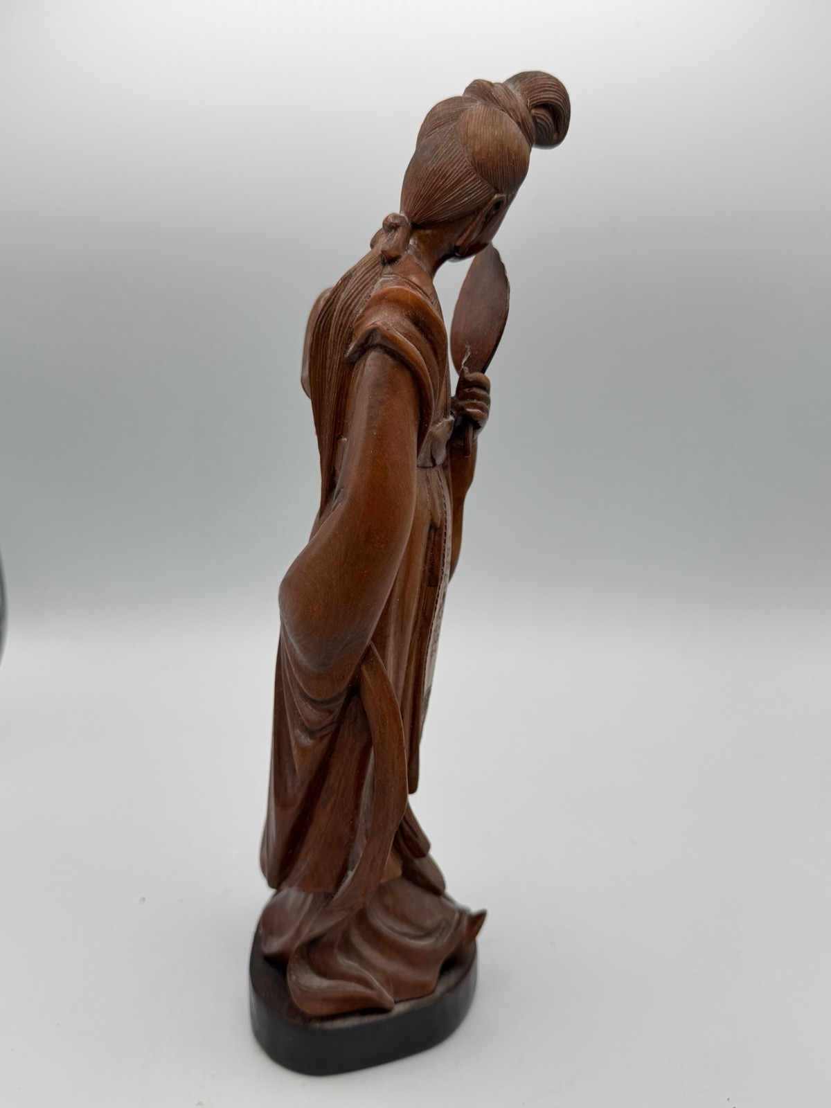 Vintage Hand Carved Wood Geisha Figurine Woman With Fan Asian Statue 9”