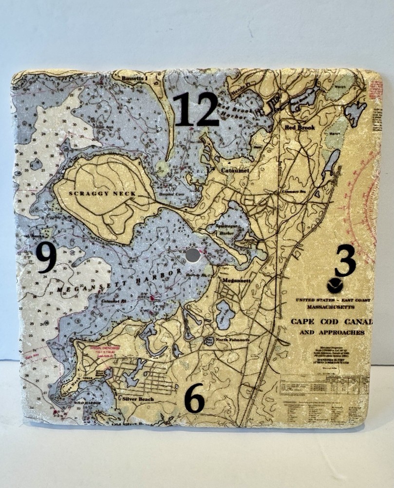 Nautical Chart Cape Cod Canal Clock Face(only)Botticino Marble HandCrafted N.Eng