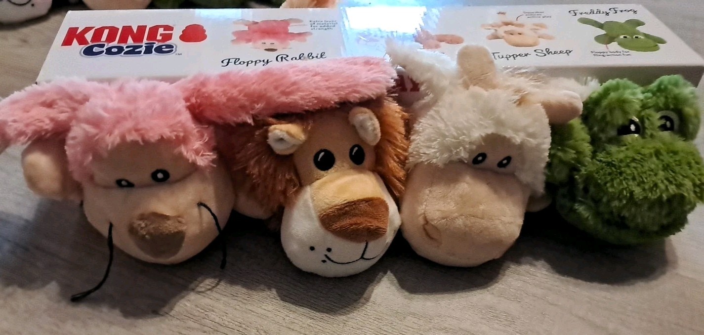 Kong Cozie 4 Pack Dog Animal Toy Rabbit Lion Sheep Frog Plush Squeak New