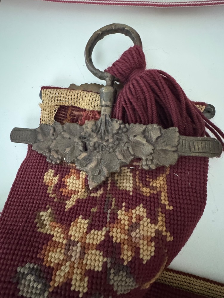 VINTAGE 63” NEEDLEPOINT BELL PULL ORNATE BRASS GRAPE HARDWARE HAND EMBROIDERED