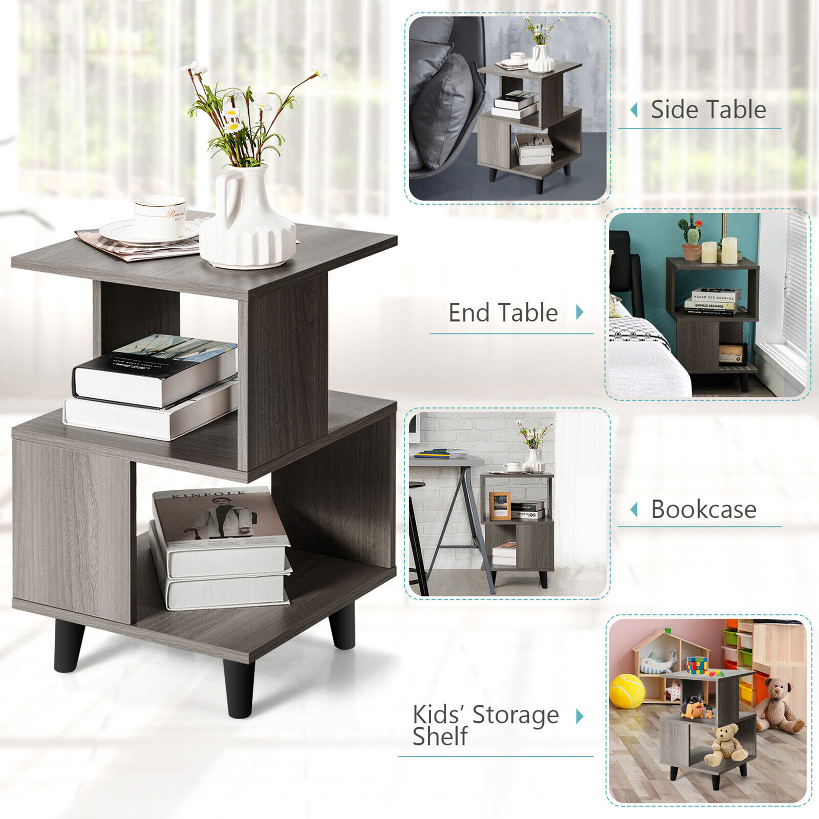2 PCS Nightstand Set Modern Side End Table Storage Shelf Grey