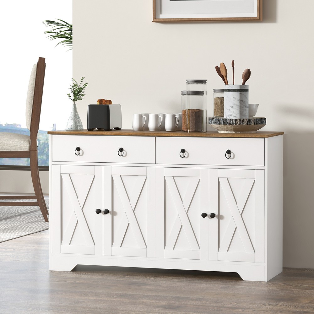 Kitchen Storage Sideboard, Buffet Cabinet with Barn Doors, White