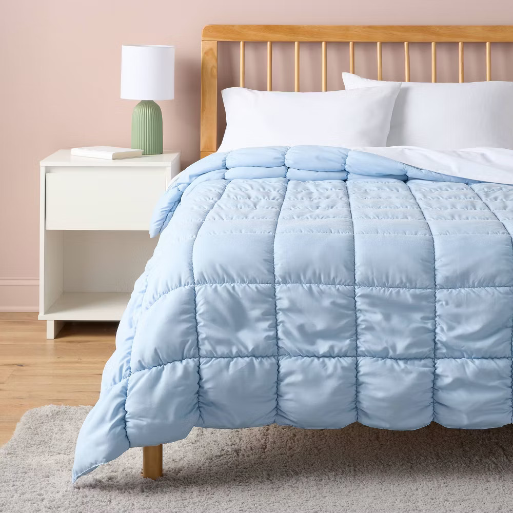 Full/Queen Box Stitch Puffer Comforter Light Blue - Room Essentials