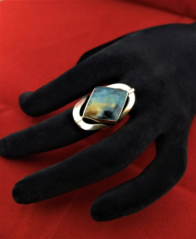 Handmade peruvian ring 950 silver double side Amazonite/White Nacre 6.5-7.5.Adj