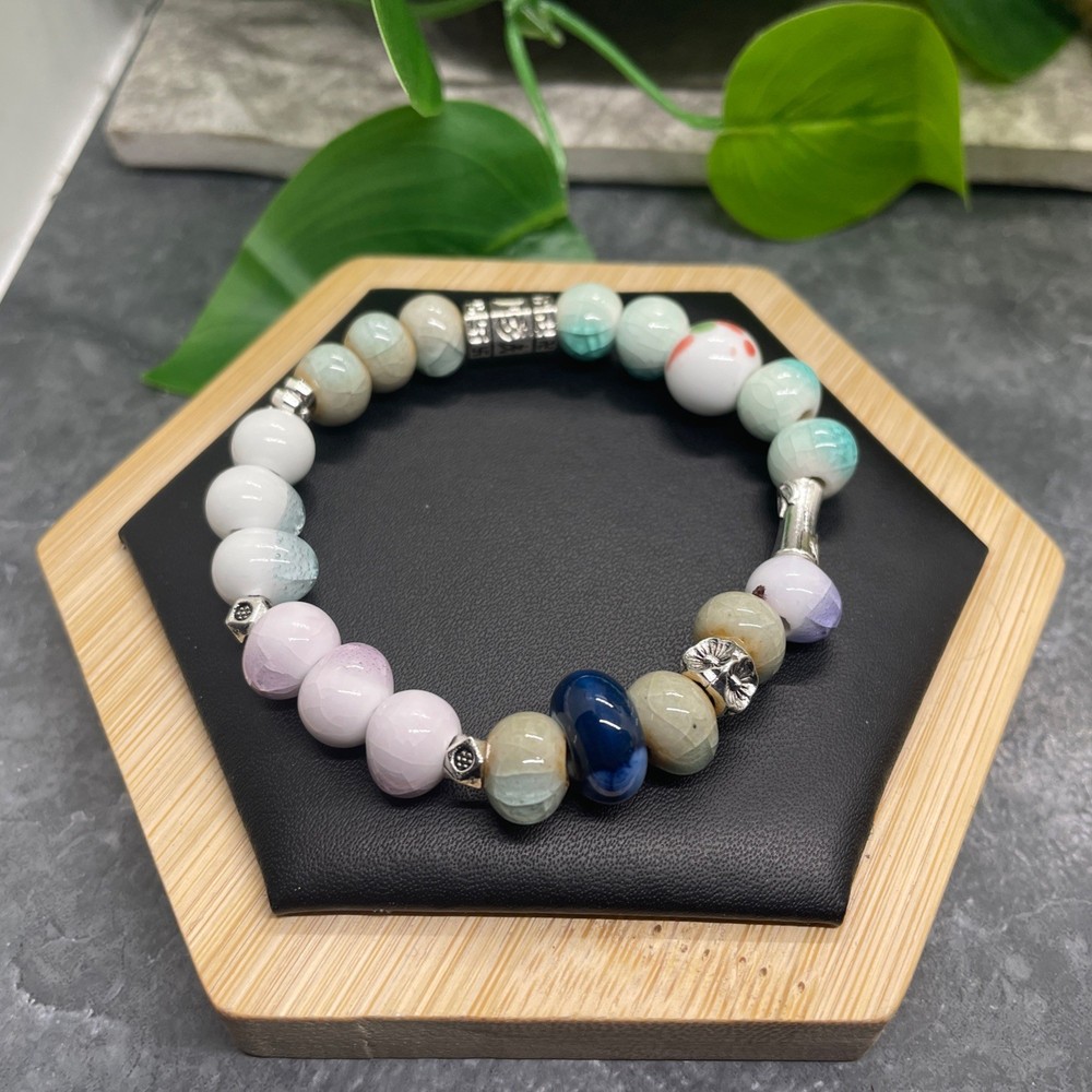 Handmade Ceramic Bead Beaded Stackable 6.5” Plus Stretch Bracelet New B478