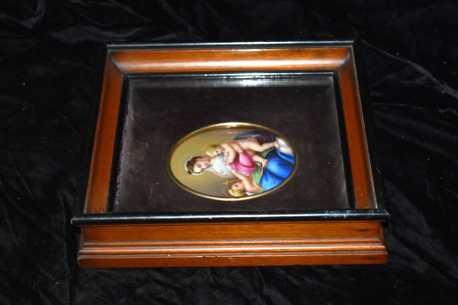 Antique KPM Style Germany Porcelain Plaque Madonna Child & Cherub Framed