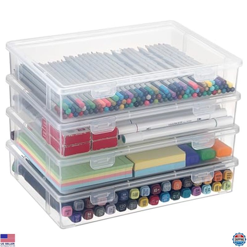 BTSKY 4-Pack Clear Plastic Storage Boxes with Flap Lid – Craft Organizers for