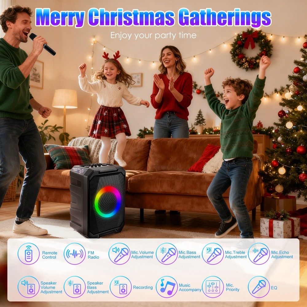 Portable Wireless Party Speaker W/ LED Light &2 Wireless Mics Remote Control