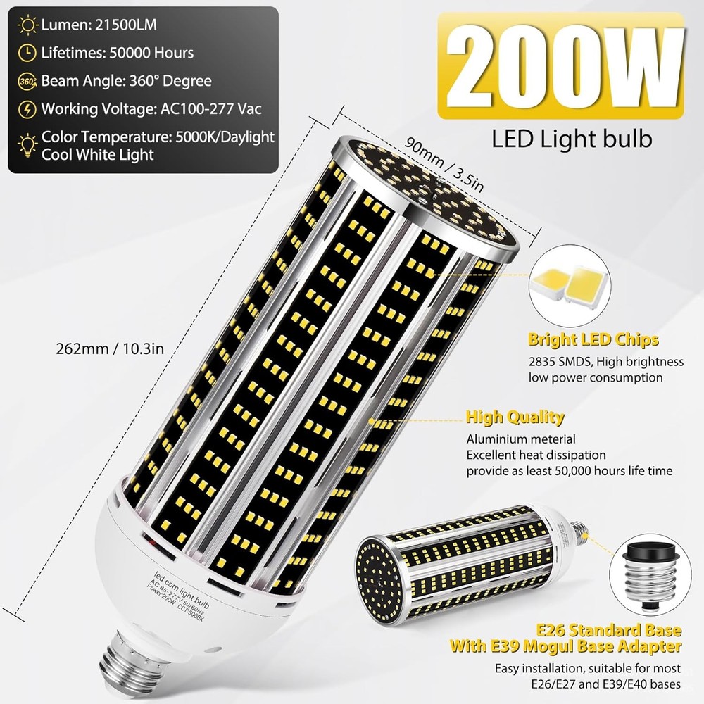 200W 2 pack LED Corn Light Bulb,(2000W Equivalent 2pack 200w Bulb