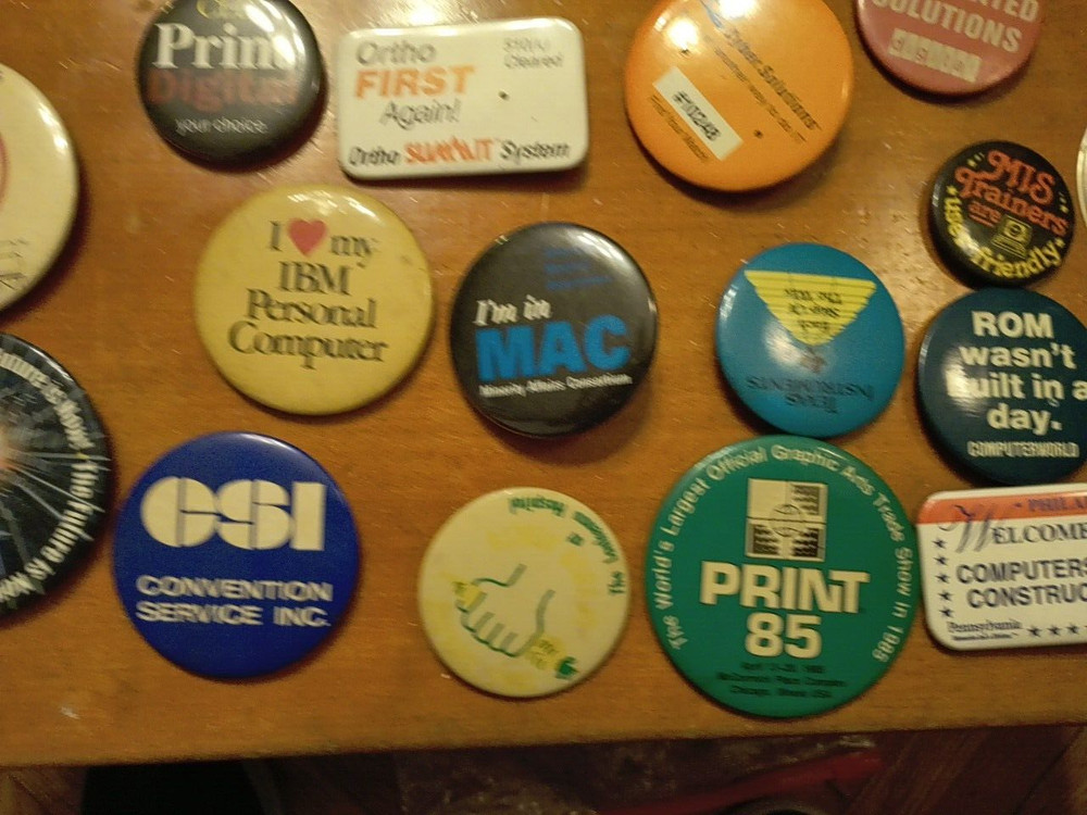 Vintage Early Computer Buttons Pins, Computer Tech Shows Lot