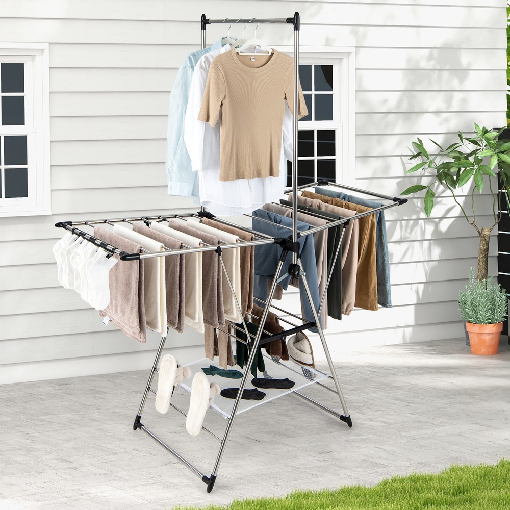 2-Layer Aluminum Foldable Drying Rack w/ Hanging Bar & 2 Height-adjustable Wings
