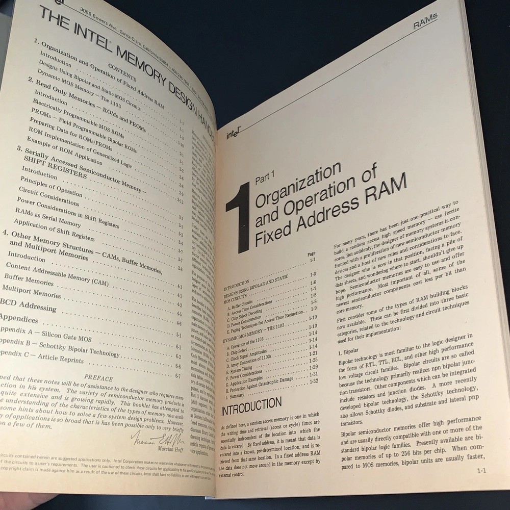 The Intel Memory Design Handbook August 1973 Vintage Technical Reference Book