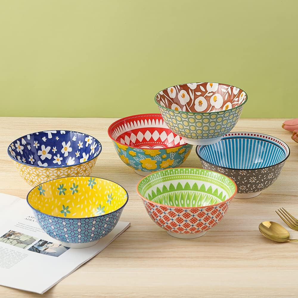 Porcelain Soup Cereal Bowls Set - Ceramic Bowls for Kitchen 23 Oz - 6 Colorful P
