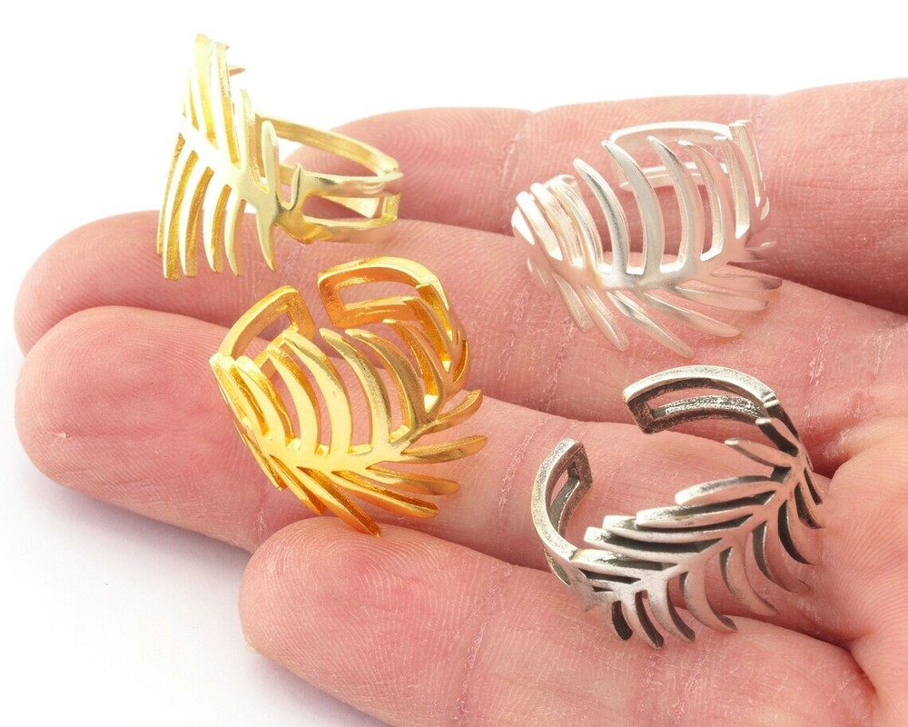 Palm Leaf Adjustable Ring Raw Brass,Antique silver,Shiny silver-gold 4716