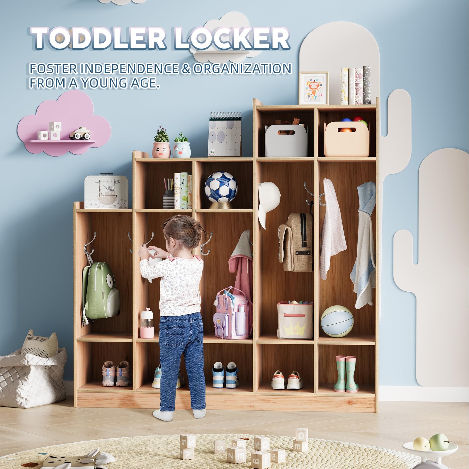 Classroom Coat Locker 5-Section 9 Cubbies 10 Hooks Natural Wood for Home School