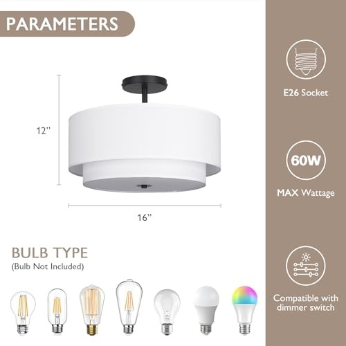 16" Dual Drum 3-Light Semi Flush Mount Ceiling Light, White Classic Black