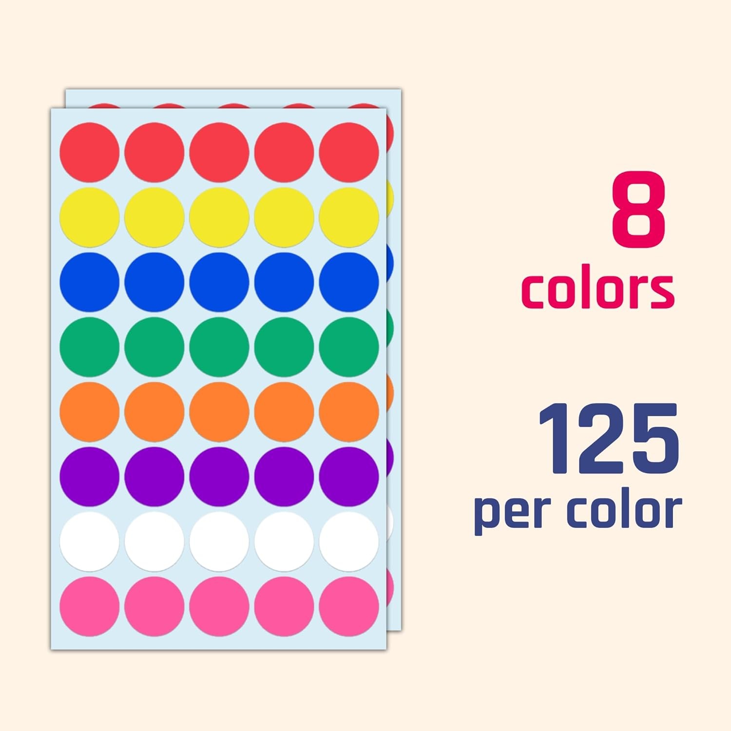 1000 Pack, 1 inch - Colored Round Circle Dot Stickers, 1000 Pieces, 8 Colors