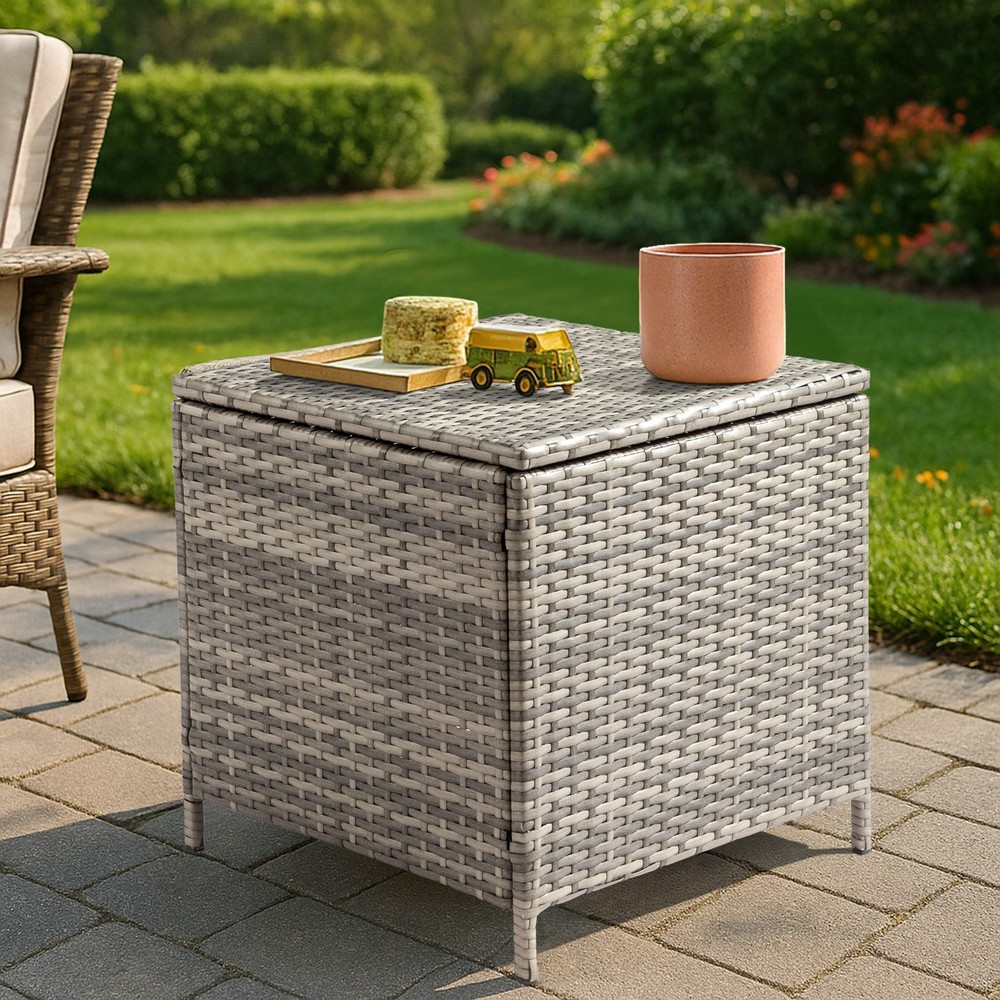 PE Wicker Side Table with Storage, Patio Rattan End Table Square Container