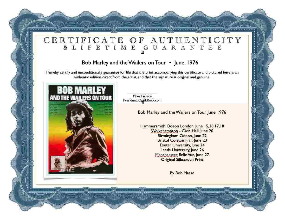 BOB MARLEY AND THE WAILERS ON TOUR United Kingdom 1976 by Bob Masse Includes COA