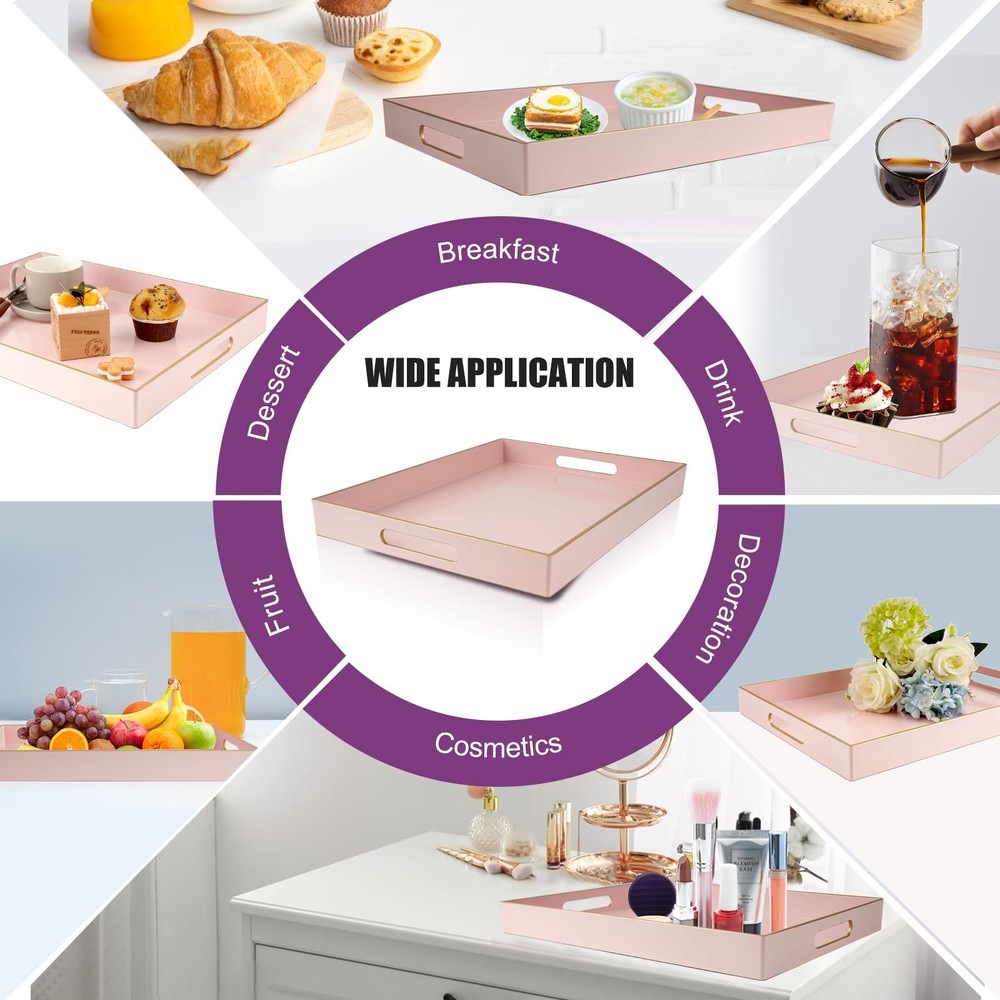 Pink Large Serving Tray with Handles，Rectangular Plastic Elegant Decorative C...