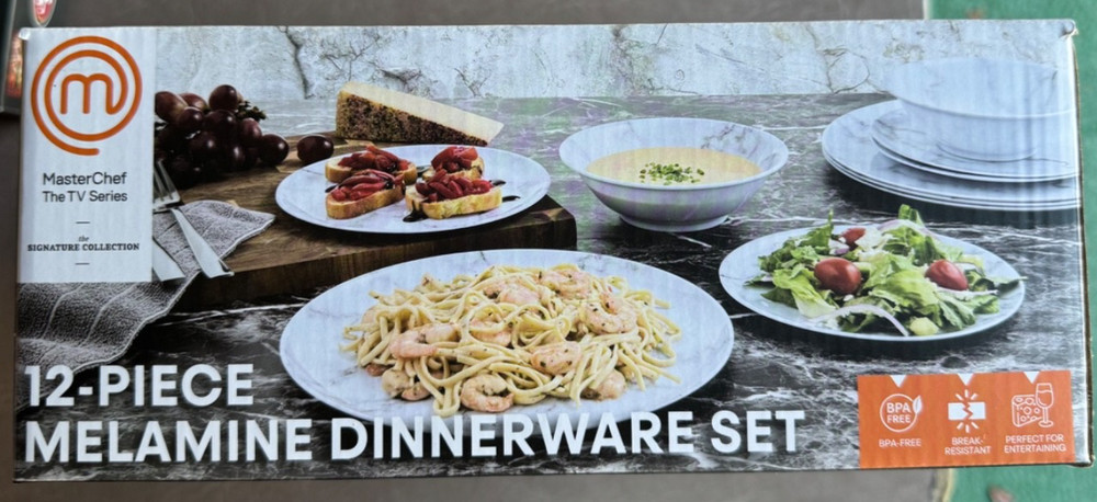 Melamine Dinnerware Set 12 Pcs, White Marble Rustic Edge, for 4, Master Chef