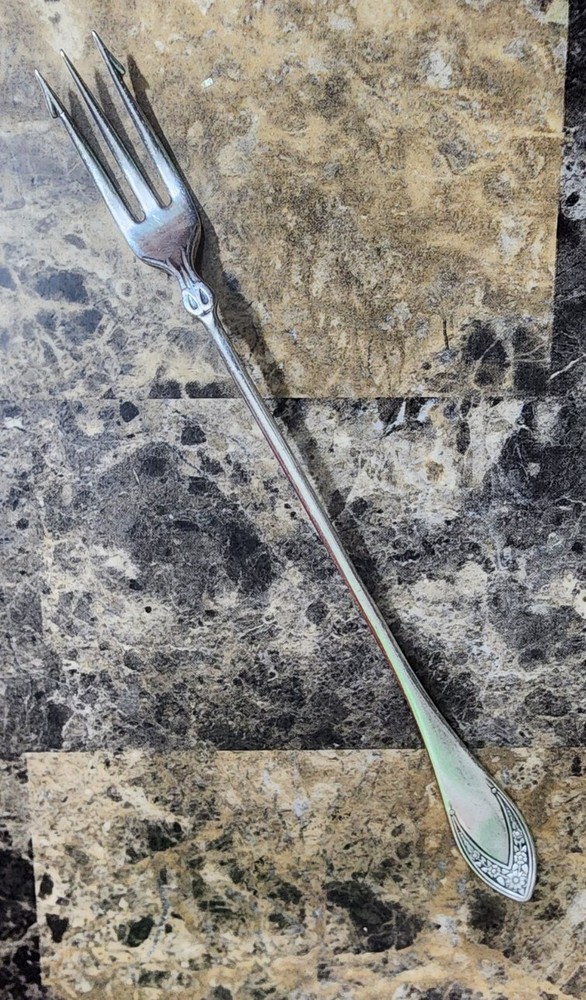 ANTIQUE c1887 ORLEANS / IMPERIAL  SILVERPLATED  LONG HANDLE PICKEL & OLIVE FORK