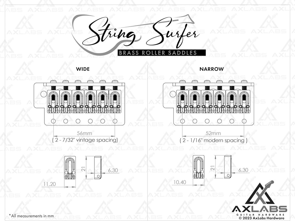 AxLabs String Surfer Brass Roller Bridge Saddles, Wide, Black Nickel