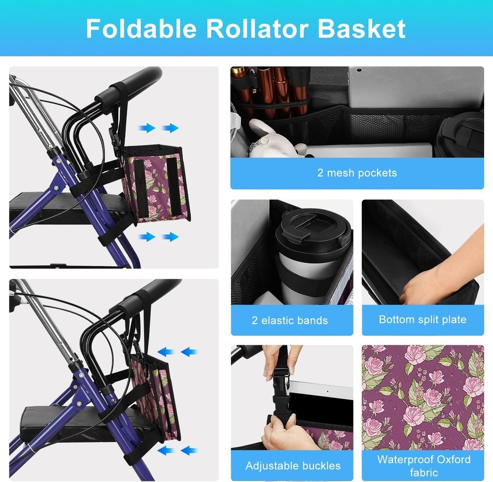 Rollator Basket, Rollator Walker Bag w/Cup Holder, Foldable Rolling Walker Wa...