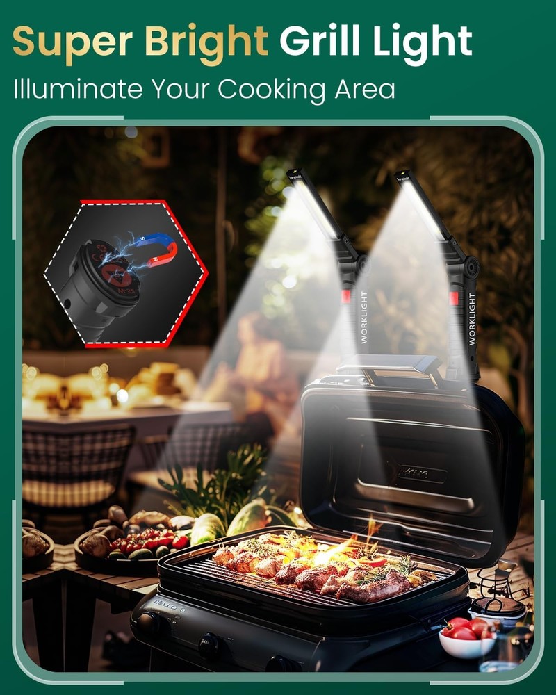 2 Pack Magnetic Base LED COB Work Light Rechargeable Mechanic Torch Flashlight