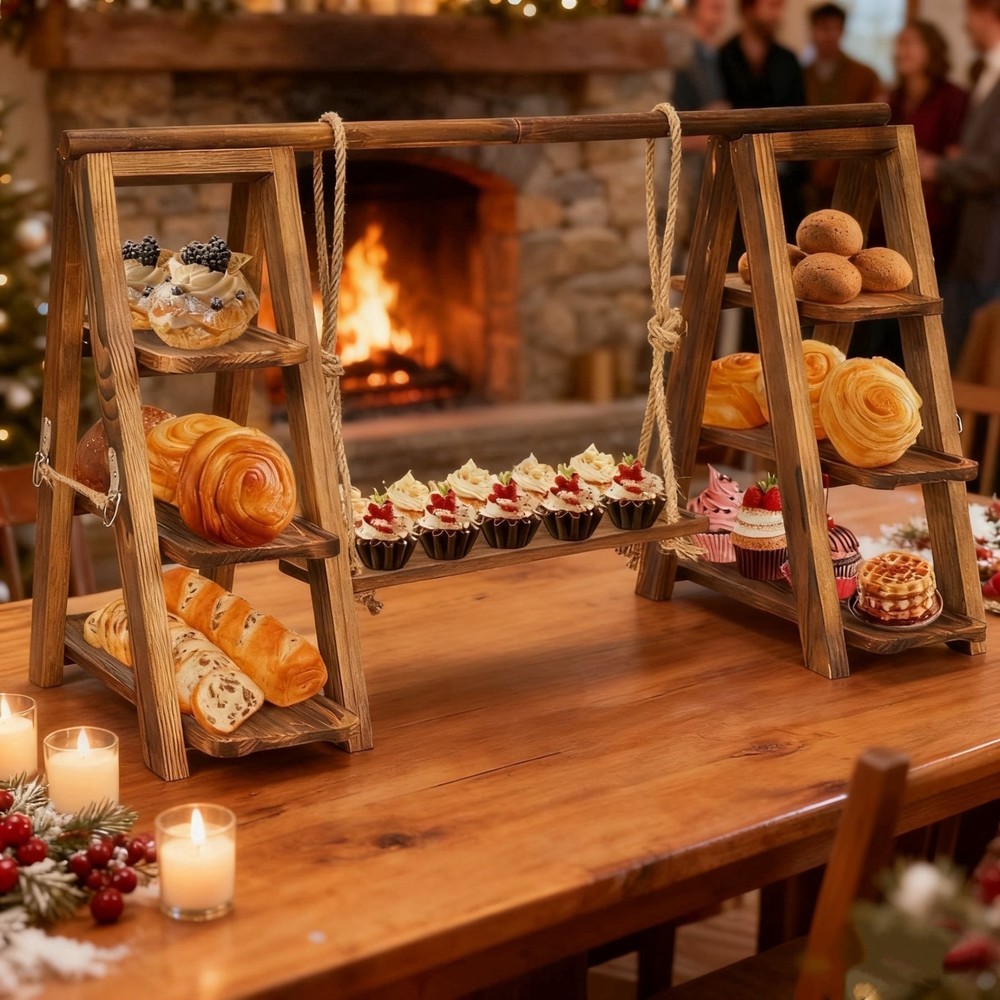 3 Tier Serving Tray Wooden Cupcake Stand Rustic Foldable Dessert Table Display