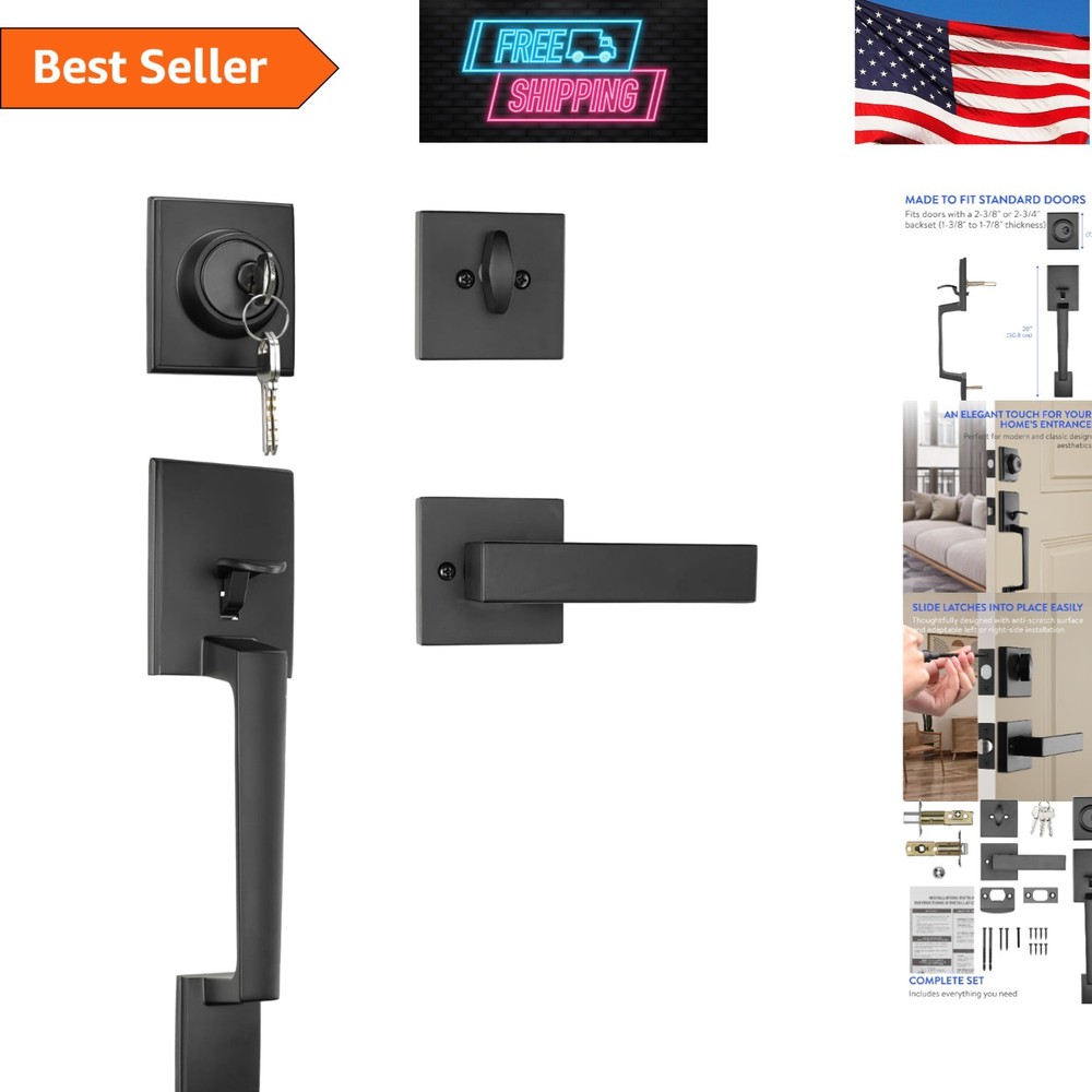 - Front Door Lock and Handle with Deadbolt - Set Includes Installation Template,