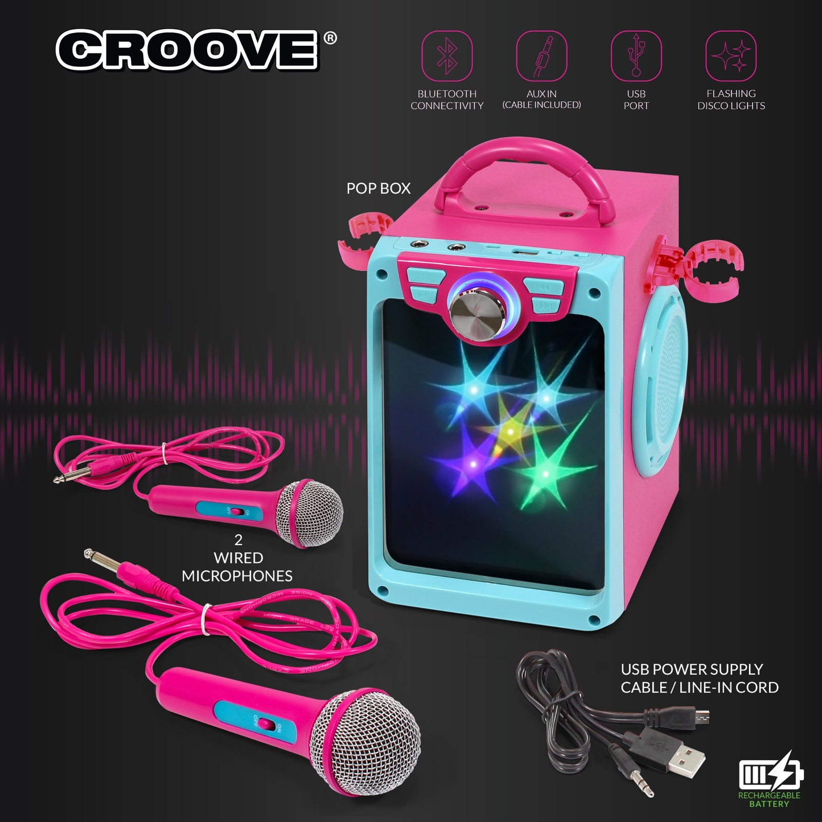 Pink Karaoke Machine for Kids with 2 Microphones Bluetooth/AUX/USB Connectivity