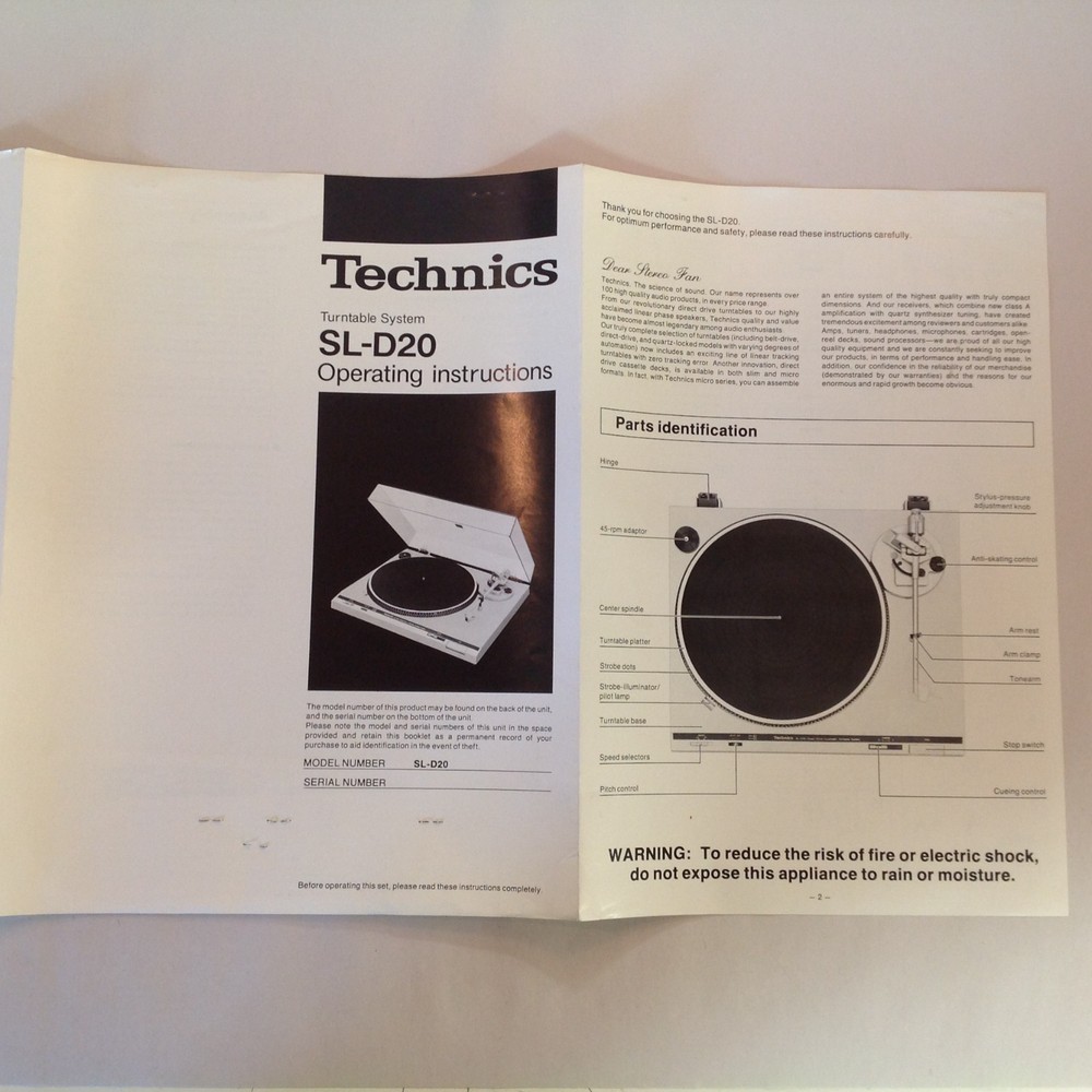 Vintage 1982 Technics Turntable System SL-D20 Operating Instructions Ephemera