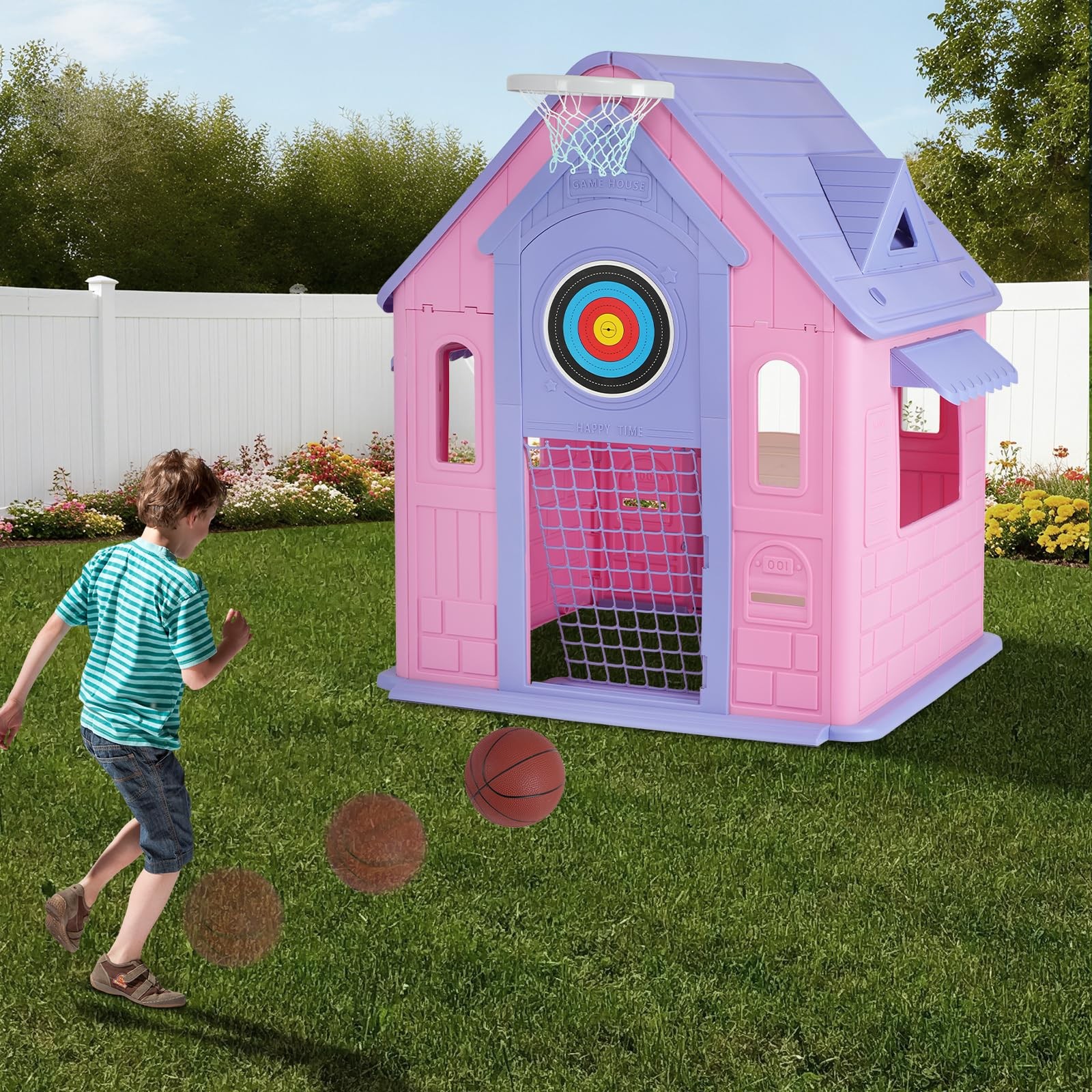 Kids Cottage Playhouse Indoor Outdoor Magnetic Dartboard Basketball Ring Toss So
