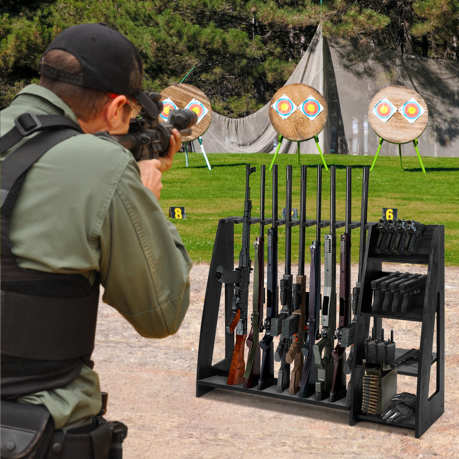 Wooden Gun-Rack Rifle + Pistol Standing Rack Indoor & Outdoor Display