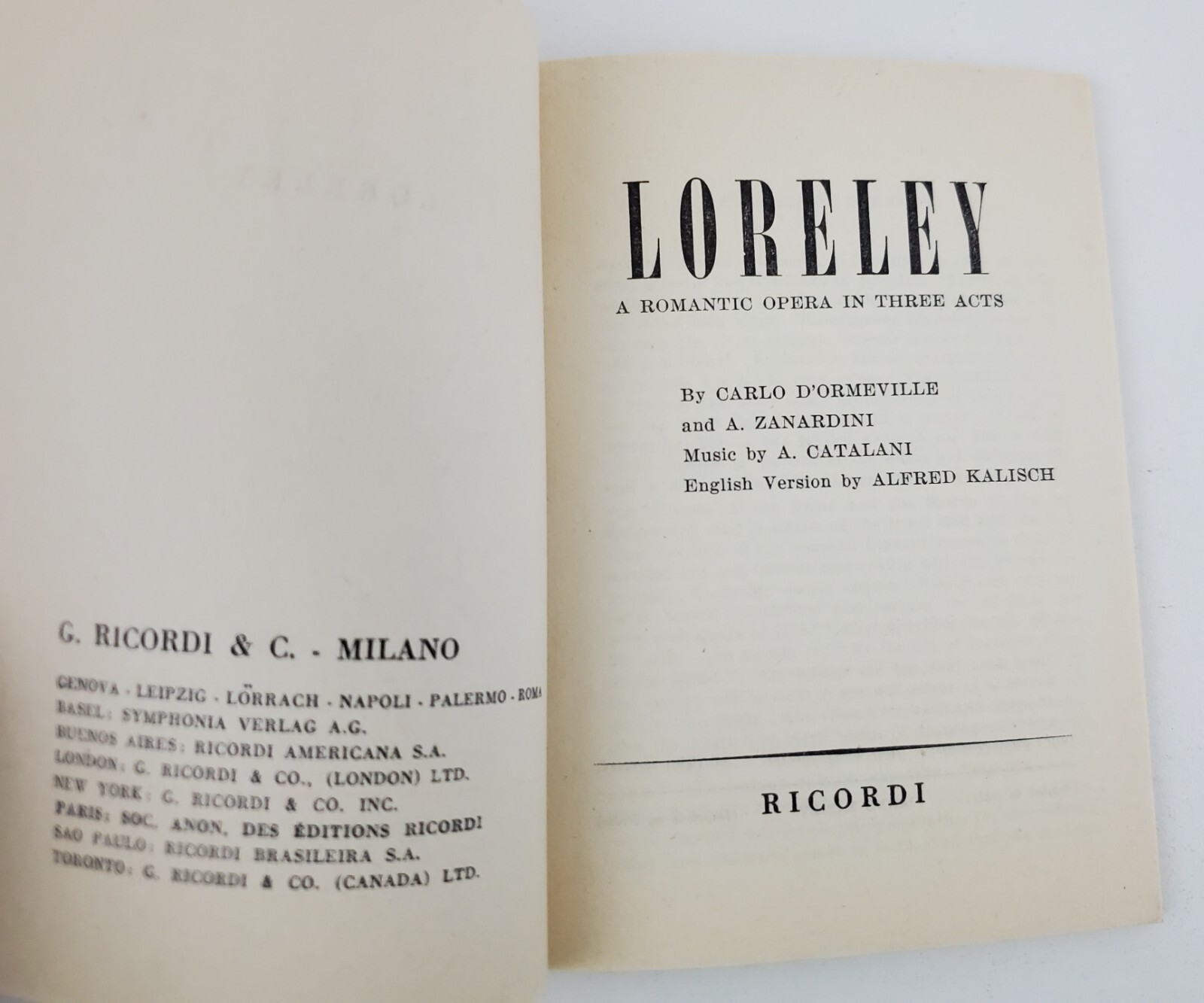 1955 Loreley Romantic Opera Carlo D'Ormeville Vintage Booklet Script English