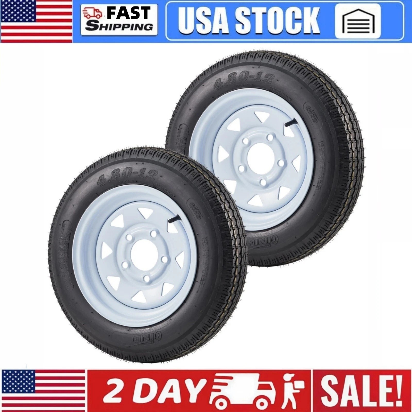 2-Pack 4.80x12 Trailer Tires & Wheels 5-Lug on 4.5" Bolt Pattern 12" Rim 4.80-12