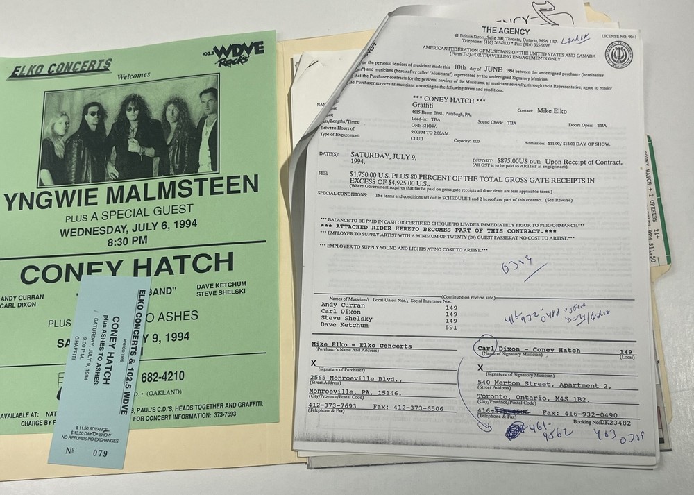 Coney Hatch Concert Contract 1994 Pittsburgh PA