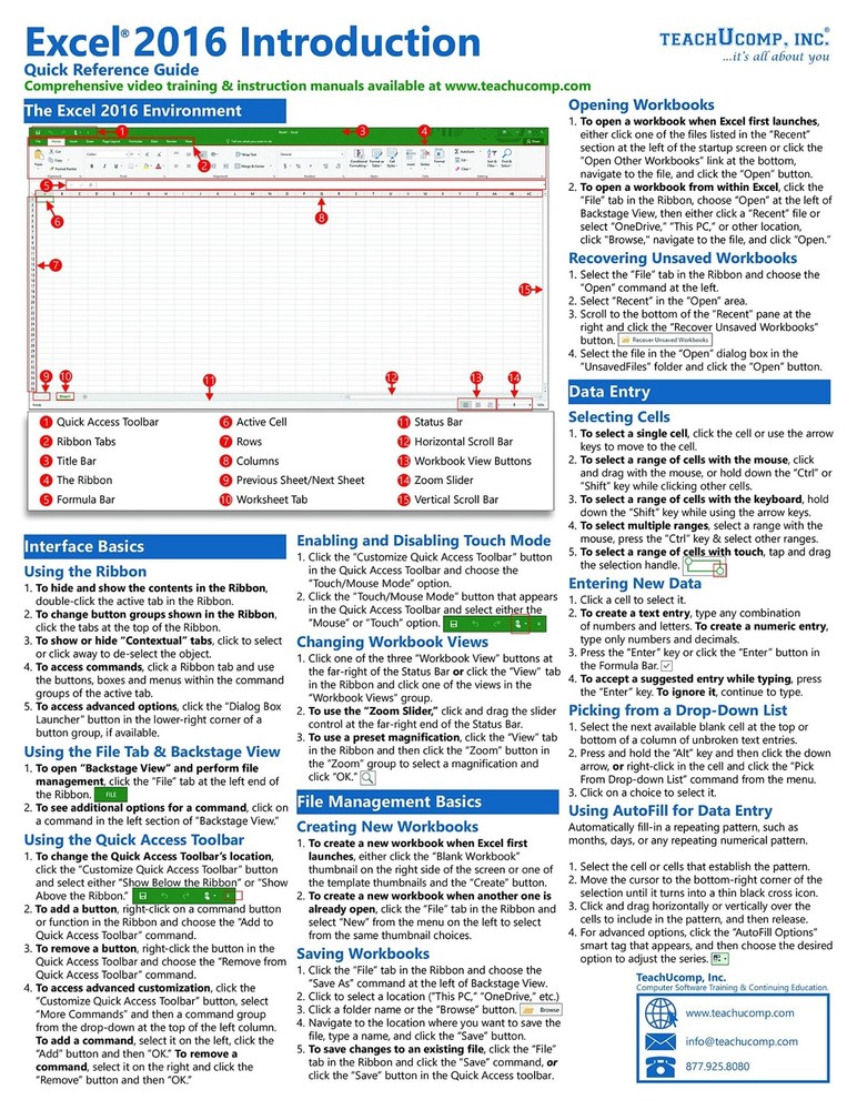 Excel 2016 Training Guide Quick Reference Card 4 Page Cheat Sheet Instructions