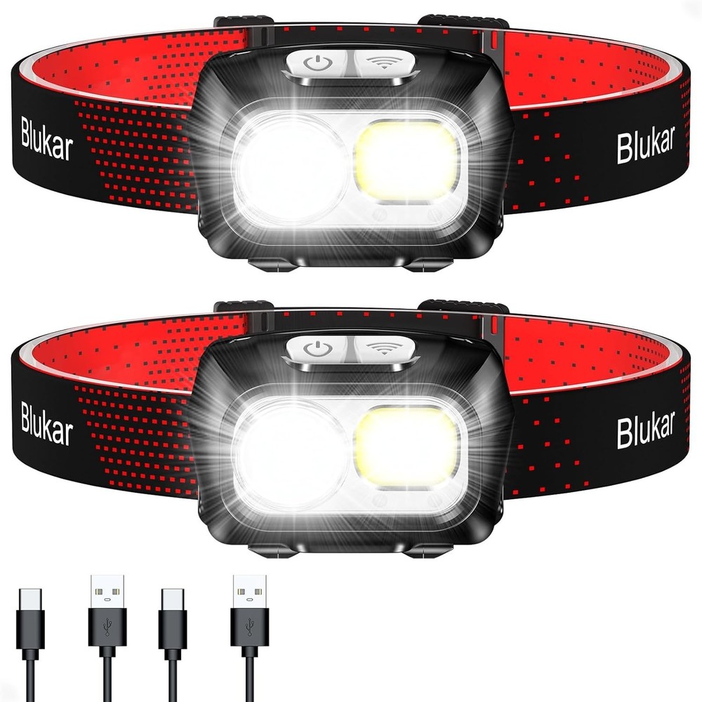 LED Headlamp Rechargeable,2000L Super Bright Headlight with Motion Sensor-2 Pack