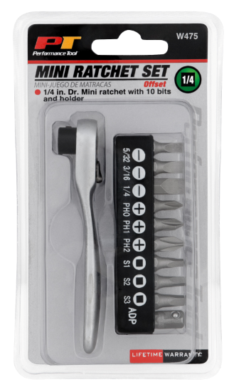 Performance Tool W475 1/4" Drive Mini Ratchet with Bits