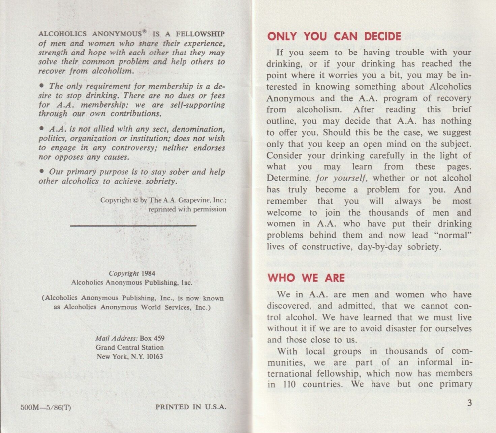 This is A.A., an introduction to Alcoholics Anonymous recovery program, 1986