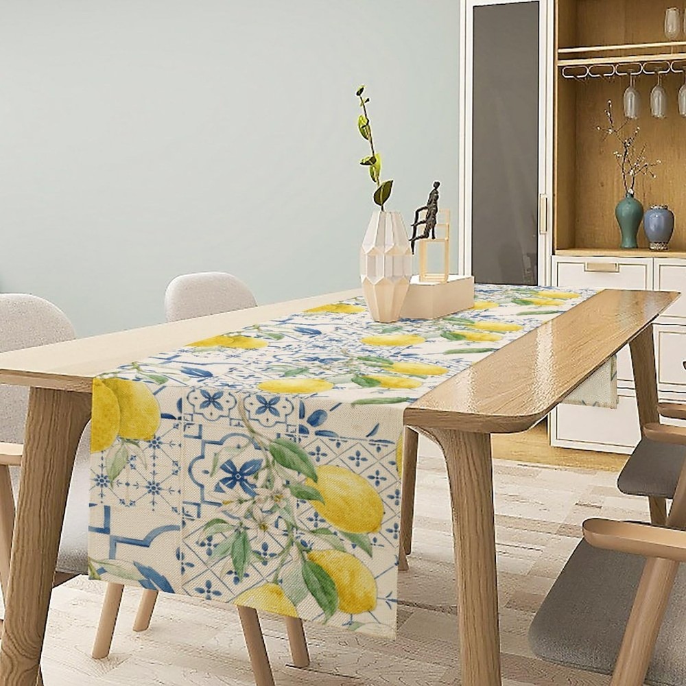 Lemon Table Runner Watercolor Fruits Green Leaves Pattern Table Runner Table ...