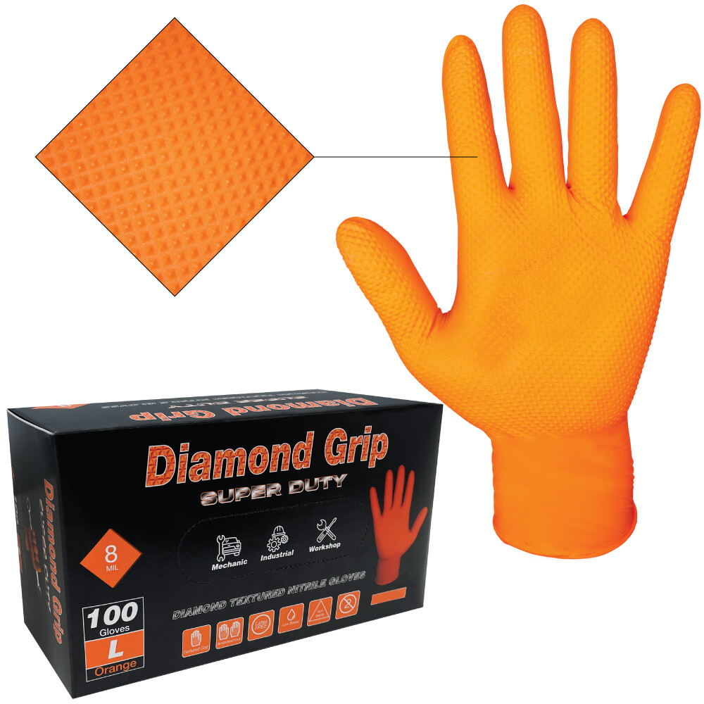 Heavy Duty Industrial Orange Nitrile Gloves with Raised Diamond Texture, 8-mil