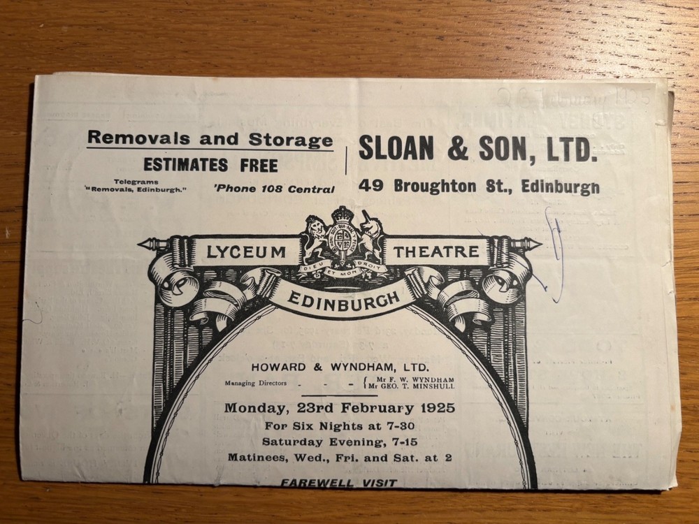 Peter Pan J M Barrie J E Malone 1925 Edinburgh Lyceum Programme