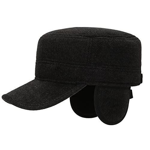 Men's Winter Baseball Cap with Ear Flaps Adjustable Cabbie Hat Wool Flat Black