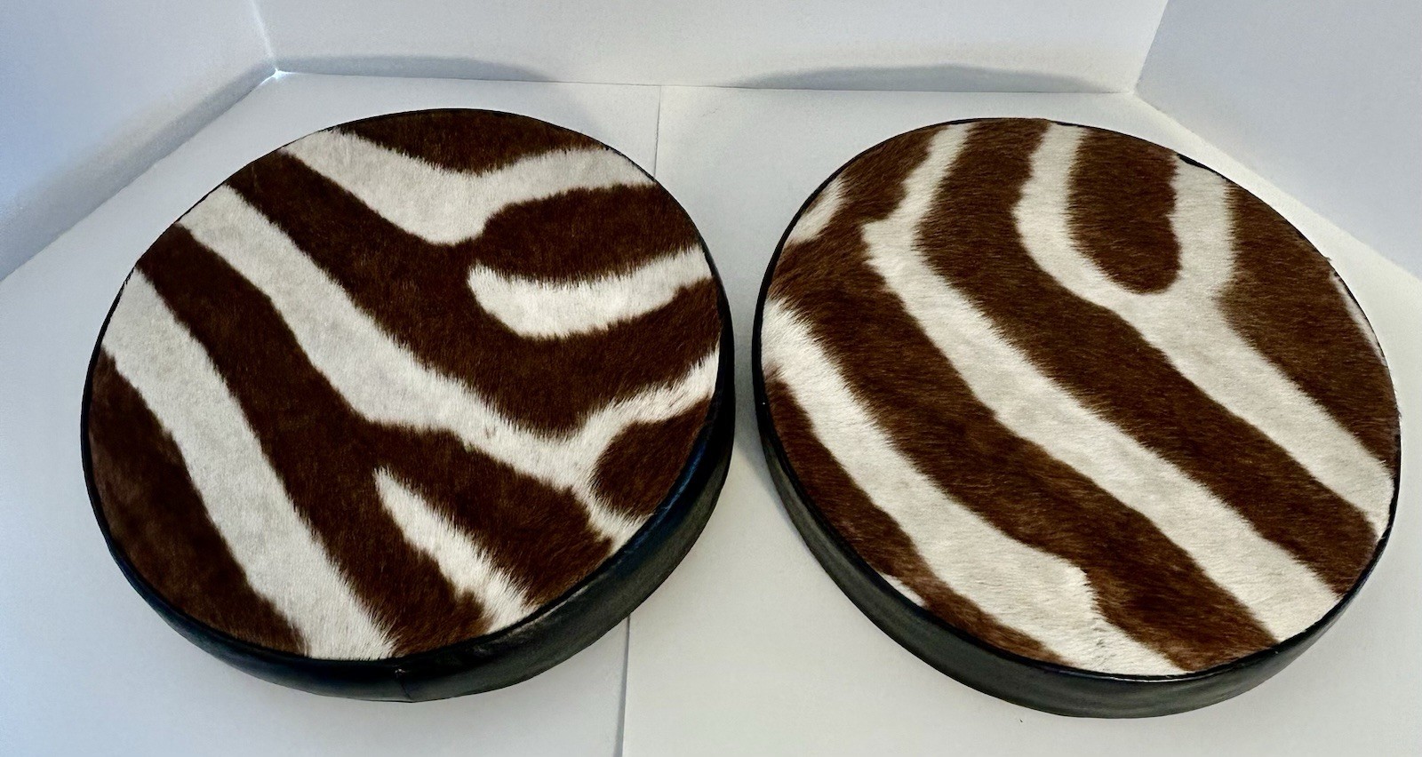 Pair of Vintage Authentic Zebra Hide Cushions - Safari African Animal Round 14”