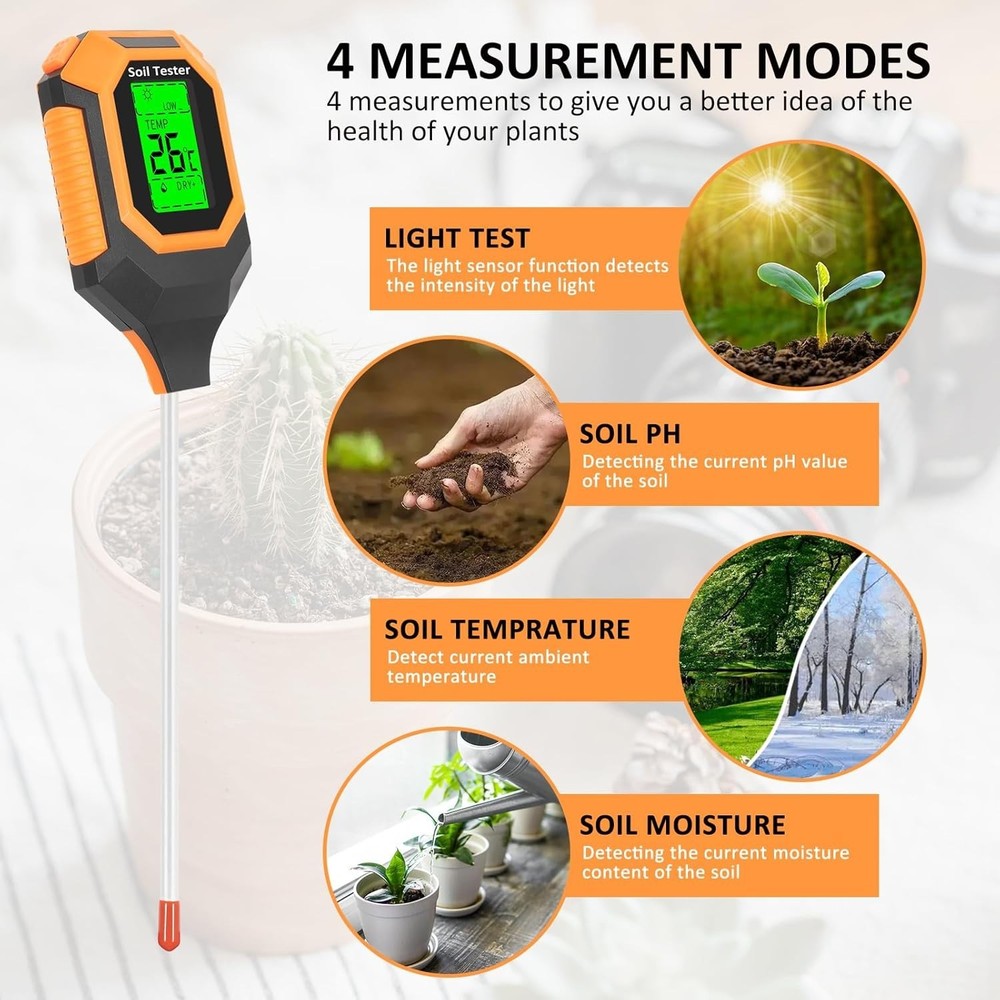 4-in-1 Digital Soil Moisture Meter with PH, Temp & Light Sensor – LCD Display